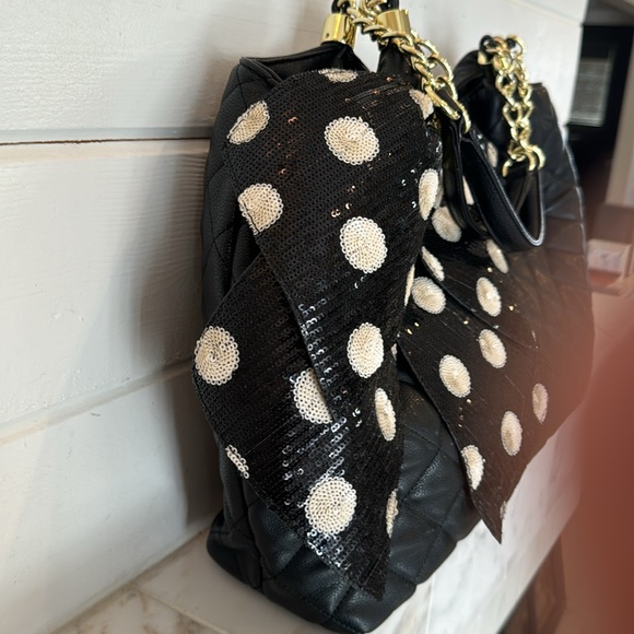 Betsy Johnson Large Black Quilted Sequin Polka Dot Bow Tote Bag - Picture 8 of 14